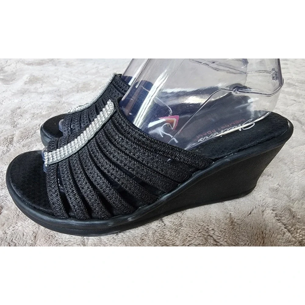 Skechers Cali Rumblers Hot Shot Black Wedge Sandals Rhinestone Womens 9 Wide
